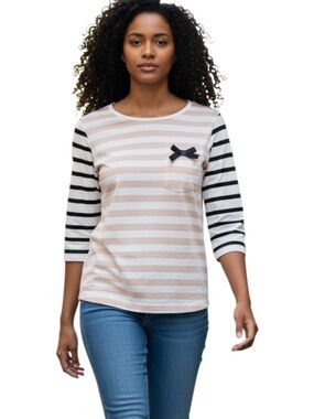 Elle Pink & White Striped 3/4 Sleeve Tee with Black Bow